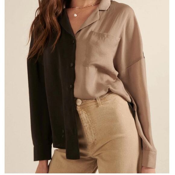 Promesa Double Trouble Colorblock Washed Satin Shirt - Picture 2 of 12